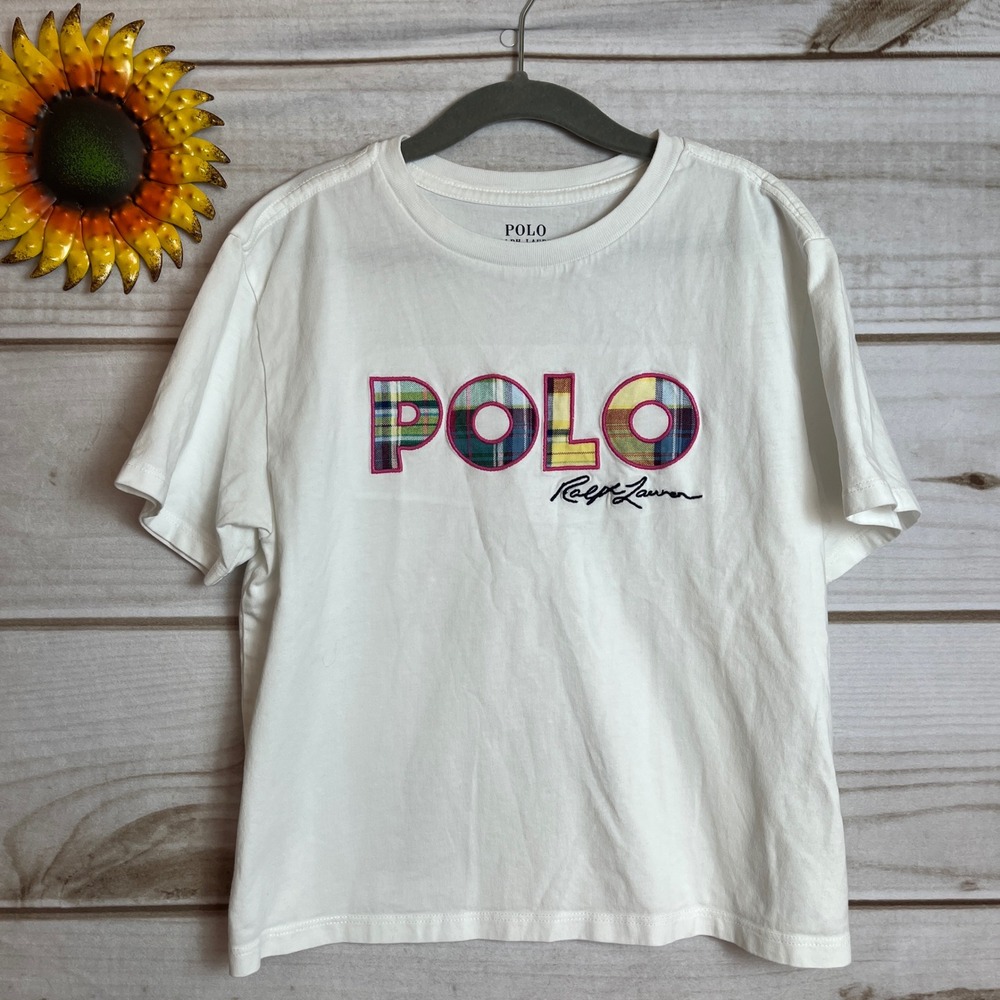 Polo Ralph Lauren Kids White T-Shirt Plaid Madras-Logo Top Girl's Large (12-14)